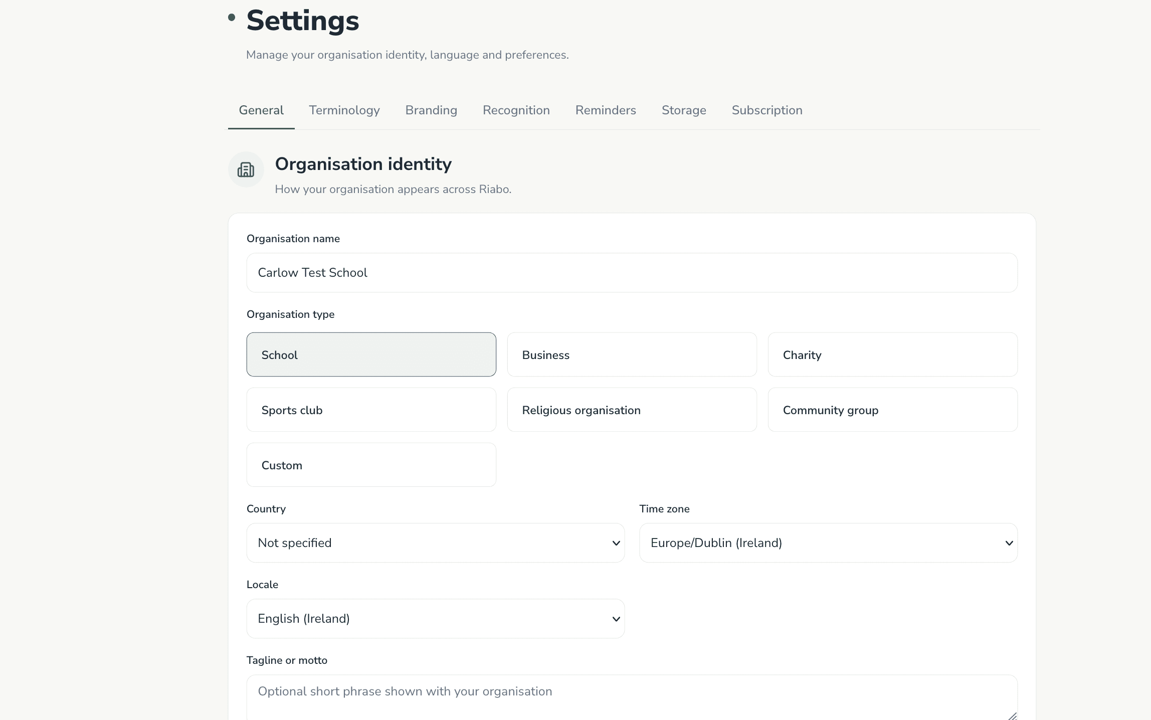 Organisation settings screen showing school name, type and terminology options