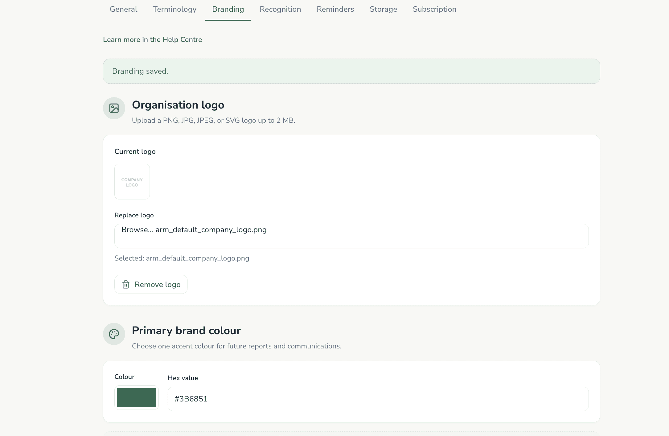 Branding settings with logo upload and primary colour picker