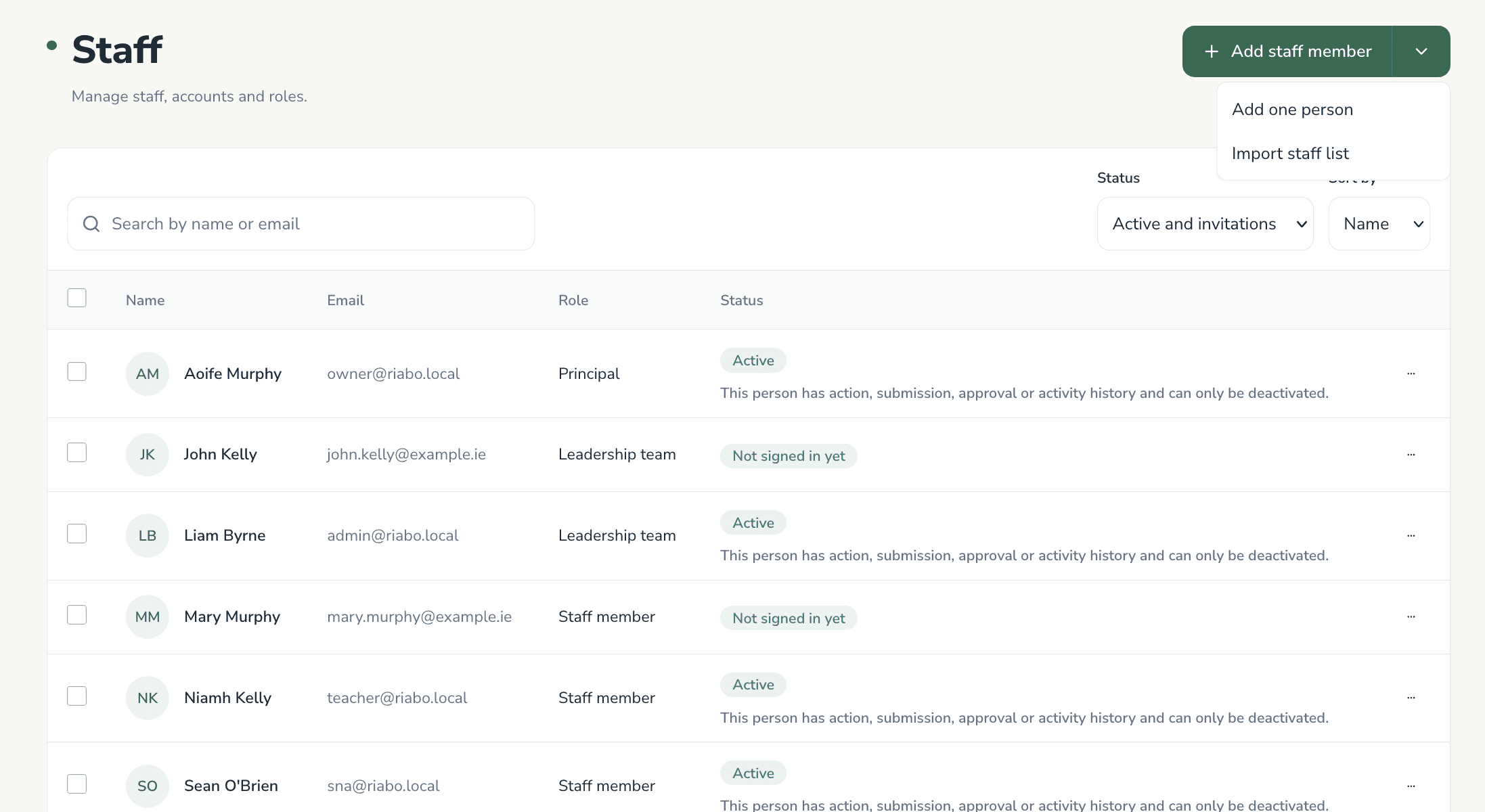 Add staff form with name, email and role fields