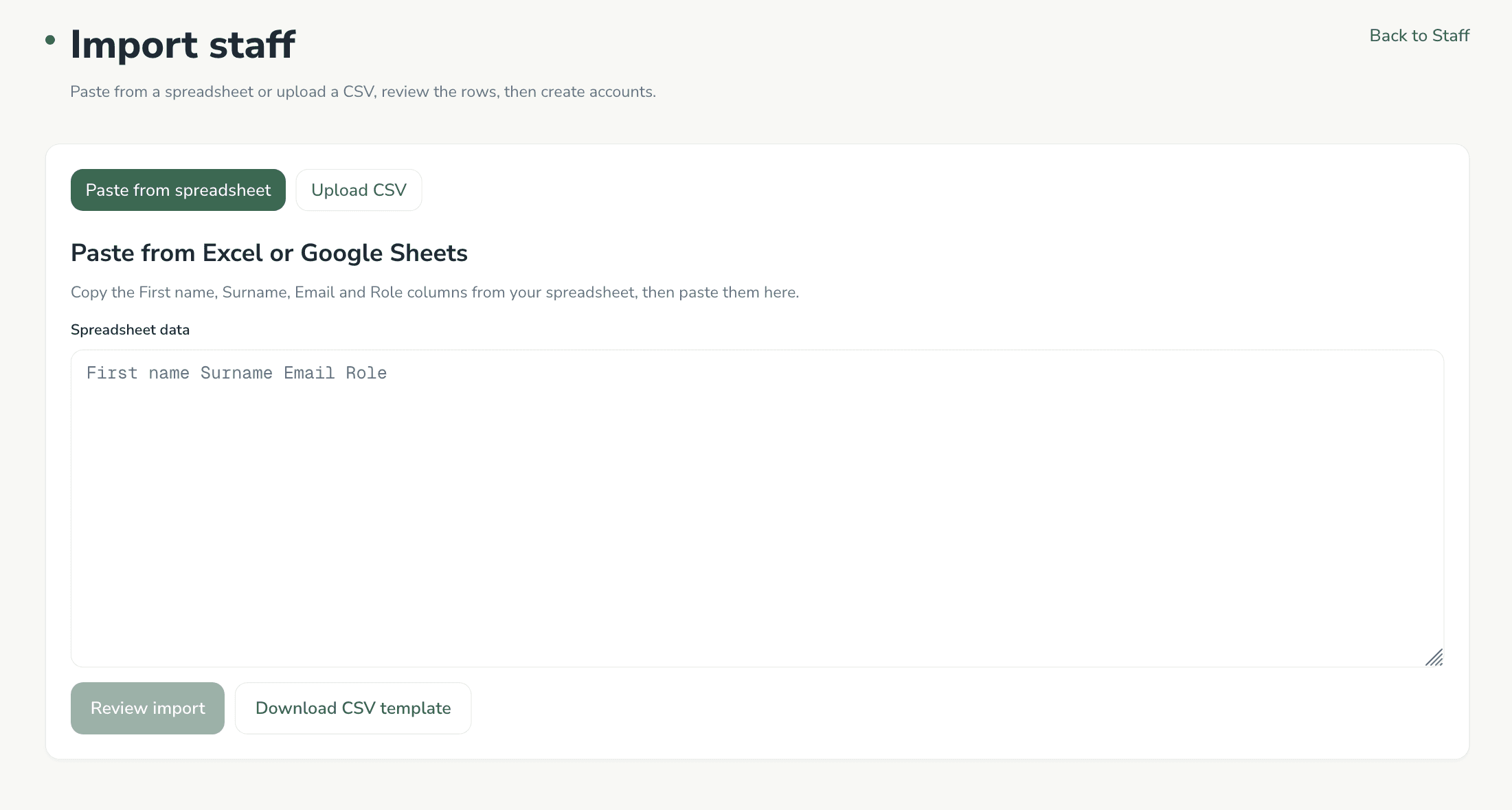 Staff CSV import screen with preview and create actions