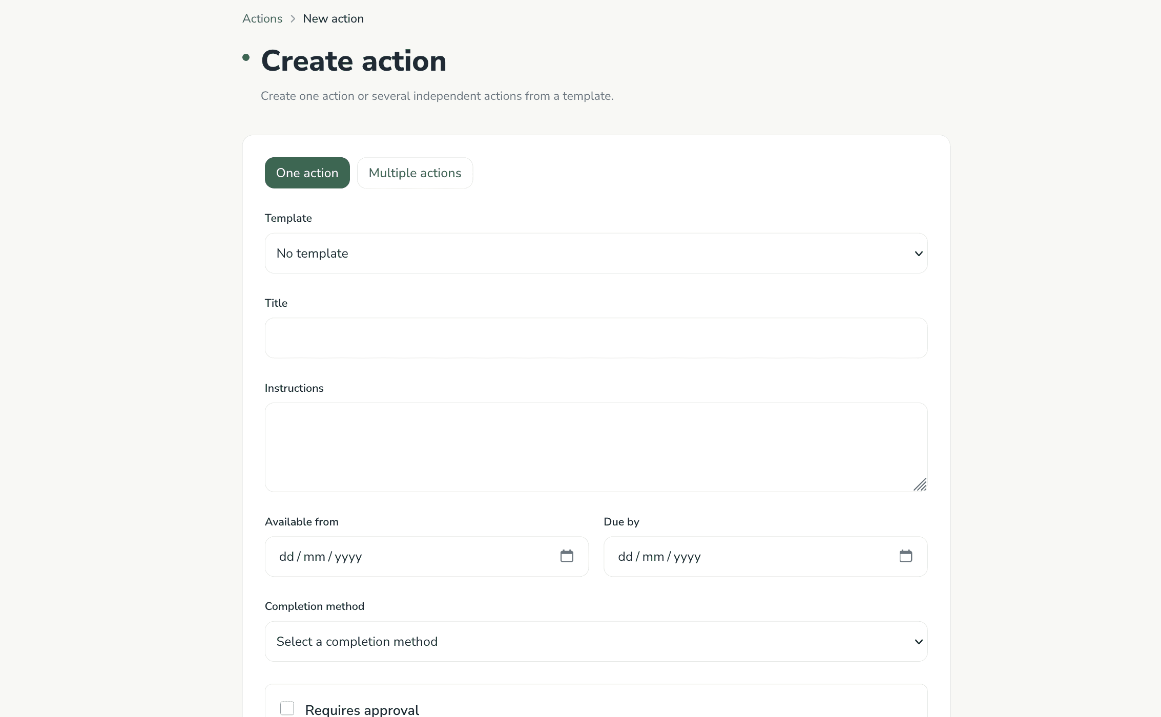 Create action form with title, assignees and response type