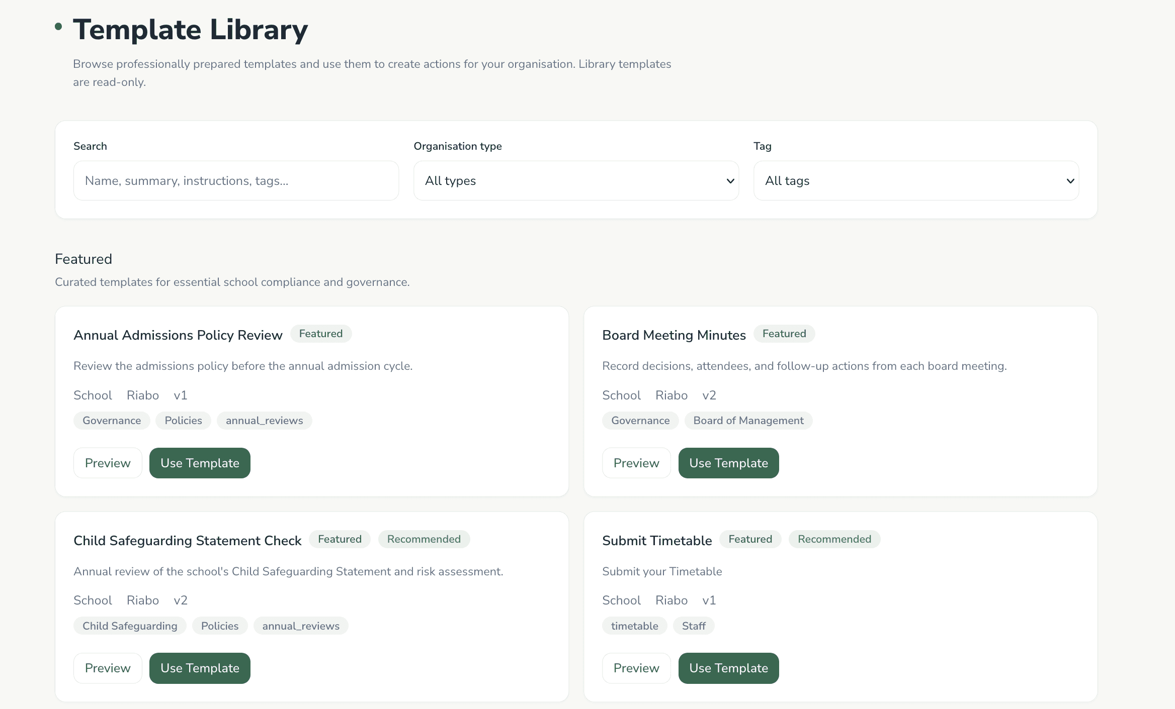 Template library showing ready-to-use school templates