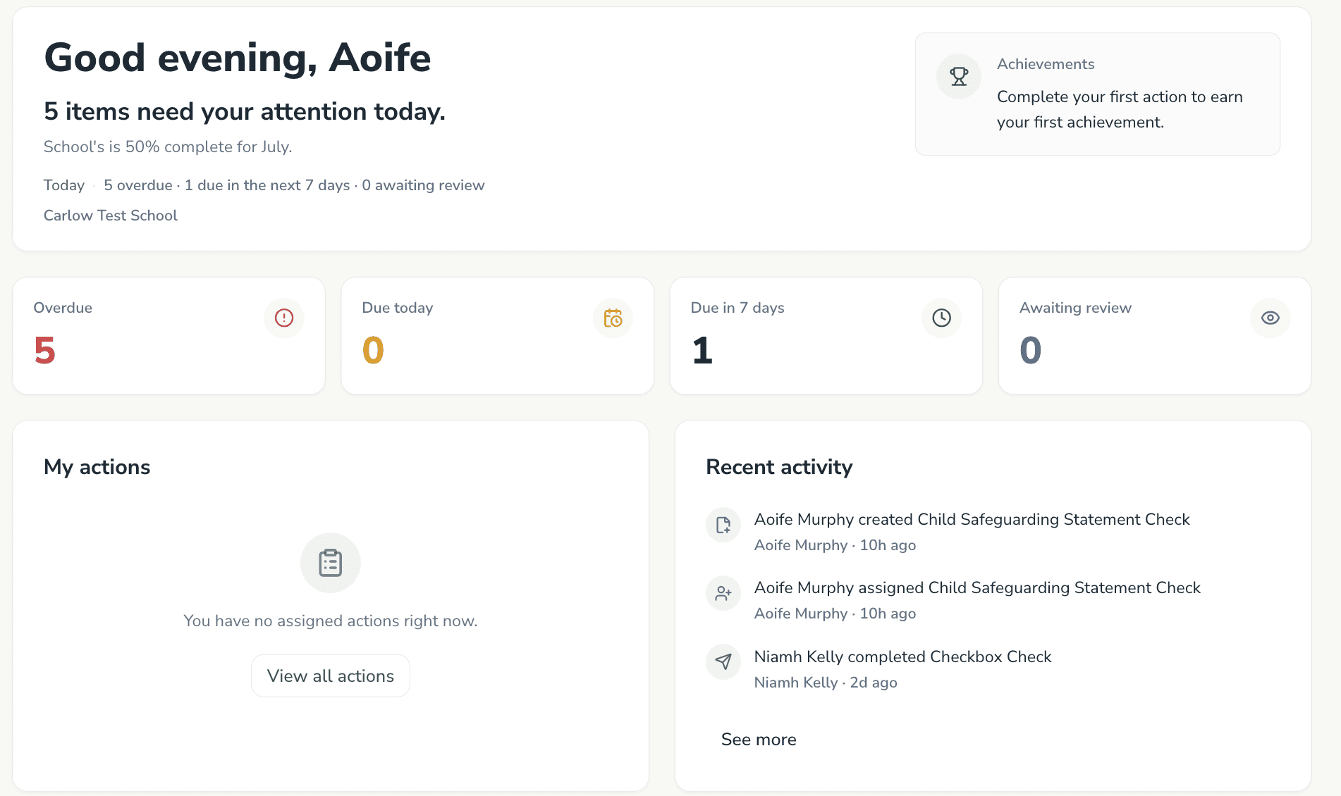 Riabo dashboard showing completion status and recent activity