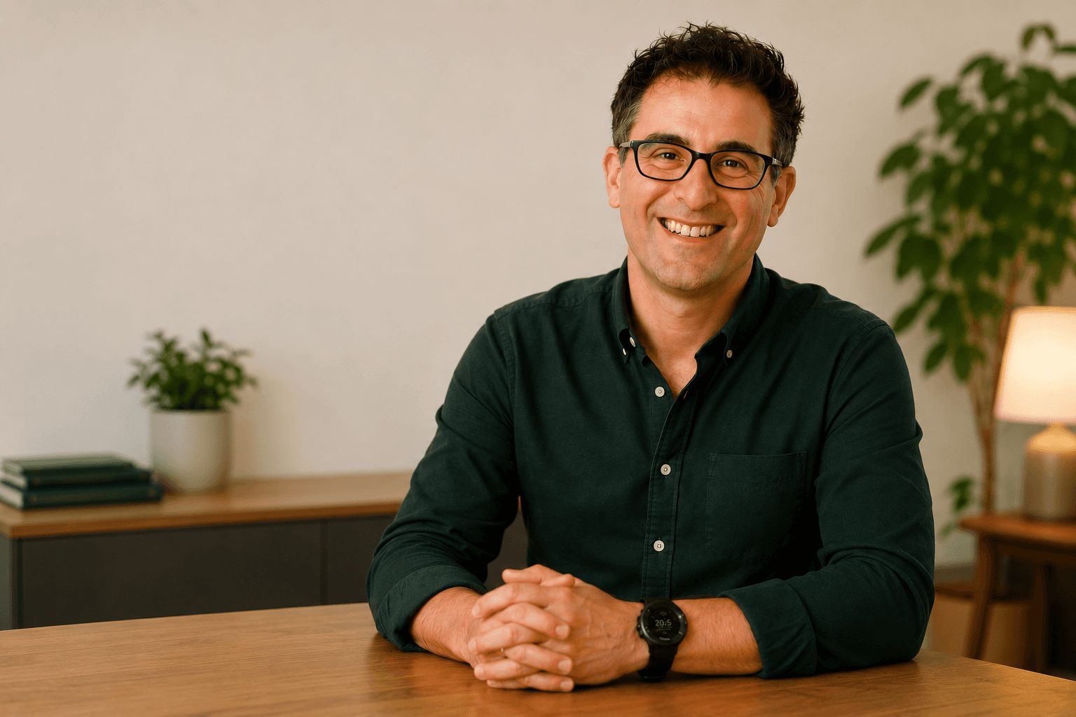 Simon Lewis, founder of Riabo, seated at a table and smiling.