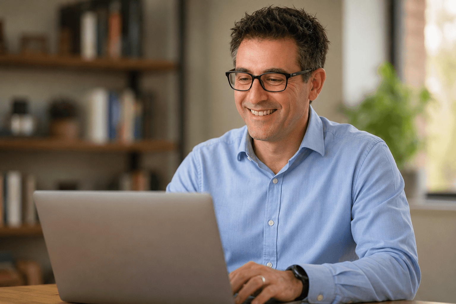 A school principal working at a laptop in a sunlit office, smiling as he reviews his work.