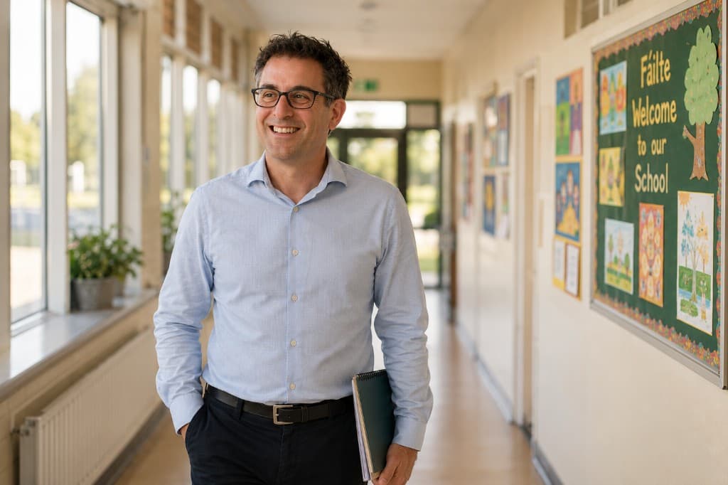 A school principal standing in a brightly lit school corridor, holding a notebook, with a Fáilte welcome board behind him.